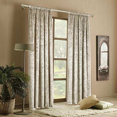 Crushed Velvet Thermal Insulated Room Darkening Pencil Pleat Curtains (2 Panels) - Window Drapes, 168 cm Width per Panel, 3 Drops Available (Cream, 66 x 54"/168 x 137 cm)