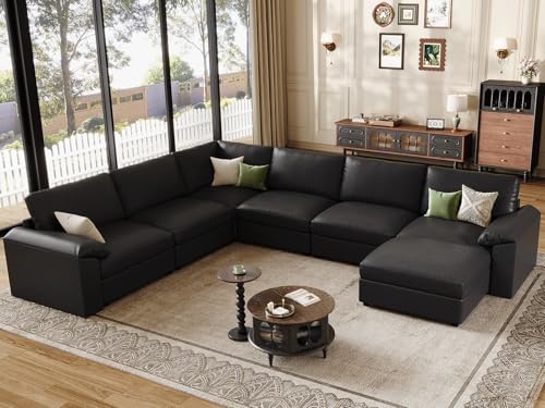 Image of EASE MOOSE Faux Leather Sectional with Ottoman,Oversized Modular Couch,Vintage Modular Sectional Sofa with Deep Seat,Scratch Resistant Faux Leather Material,U Shaped Couch for Big Spaces, Black