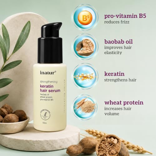 Image of inatur Strengthening Keratin Hair Serum | Restores Shine & Repairs Damage | Strengthens, Protects & Smoothens | Frizz Control & Safe for Color-Treated Hair | Lightweight & Non-Greasy Formula | 50ml