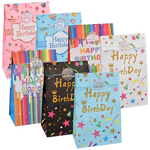 Jinlaili 14PCS Sacs Cadeaux de Fête de Anniversaire, Pochette Bonbon Papier, Petites Sacs en Papier Kraft, Pochettes Cadeaux pour Enfants, Sac Cadeau Coloré pour Bonbons Présent Biscuits, 24x13x8cm