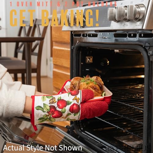 PREMIUS 5 Piece Lemon Printed Kitchen Linen Set, 2 Cotton Towels, 2 Potholders, 1 Oven Mitt with Hanging Loop, 100% Cotton Material on Front & Polyester Backing, Perfect Kitchen Accessory, Gift