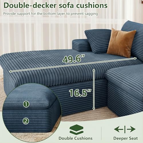 Image of 136 inch Cloud Couch Modular Sectional Sofa for Living Room, L-Shape Boneless Couch with Deep Seat, Modern Corduroy 4-Seater, No Assembly Required (Blue,Left-Facing Chaise)