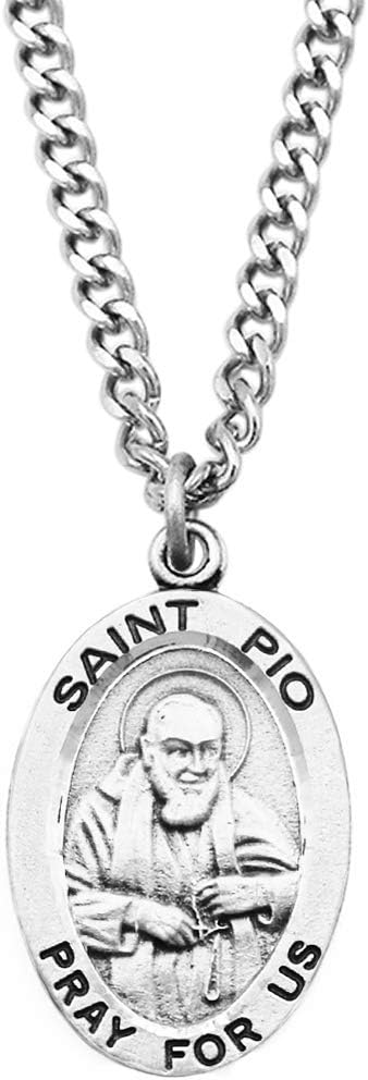 Rosemarie Collections Religious Saint Medal Pendant On Claspless Stainless Steel Curb Chain Necklace With Biography And Picture Folder, 24"