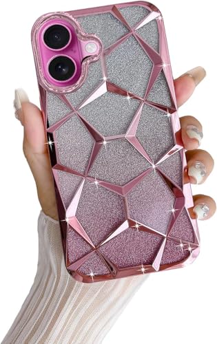 Image of VONZEE Gradient Glitter Case for iPhone 16 Plus, Luxury Electroplated 3D Cube, Diamond Bling Shiny Soft TPU Clear Shockproof Women Girls Protective Phone Cover (Rose Gold)