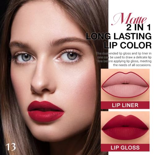 Image of evpct 1Pcs Bright Fire Ruby Red Matte Lip Liner & Liquid Lipstick Stain,13#