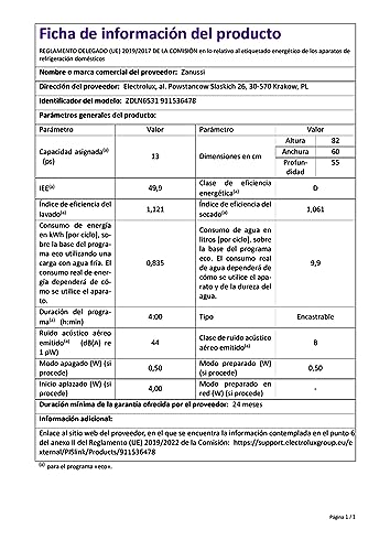 Zanussi ZDLN6531 Lavavajillas Integrado AirDry 13 cubiertos, Display LCD, Desconexión automática, 8 programas a 3 temperaturas, Piloto BeamOnFloor, Motor Inverter, 44 dBA, Blanco, 60 cm - imagen 10