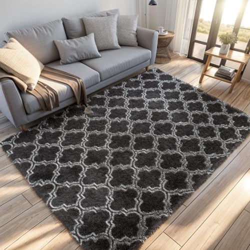 QUINZI Cómoda Alfombra Peluda, Antideslizante, para salón, Dormitorio, Moderna, para Comedor (Gris Oscuro, 80 x 160 cm)