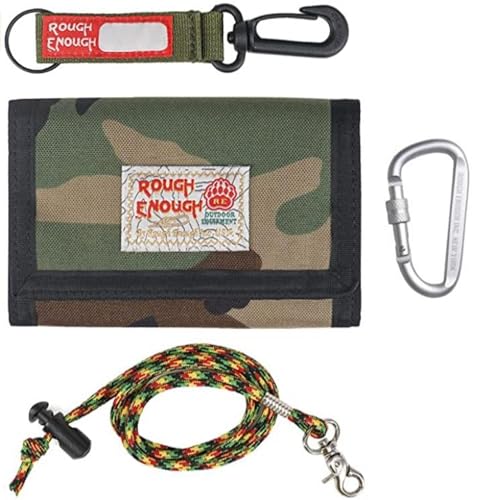 Rough Enough Boys Wallet, Trifold for Kids Ages 6-18 with Zipper Coin Pocket, Adjustable Lanyard and Carabiner, Water-Resistant Cordura for Camping Study Travel, Camo