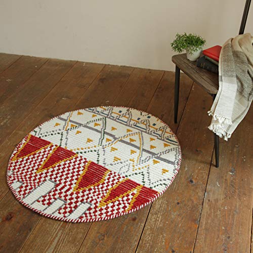 萩原 ラグ ホワイト 直径約90cm 「クームース ガンター」 ウール100% 羊毛 手織り ノルディック エスニック