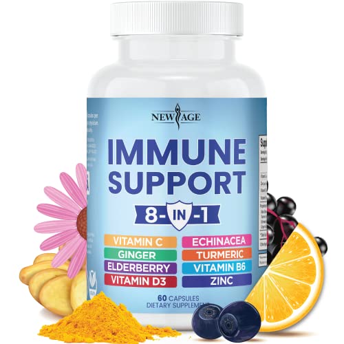 8 in 1 Immune Support Booster Supplement with Echinacea, Vitamin C and Zinc 50mg, Vitamin D 5000 IU, Turmeric Curcumin & Ginger, B6, Elderberry 60 Count (Pack of 1)