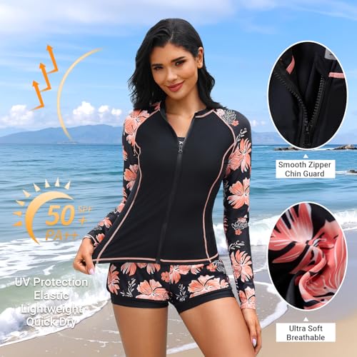 3 Piece Rash Guard for Women - Long Sleeve Swimsuits with Shorts SPF Zip up Swim Shirt with Built in Bra2