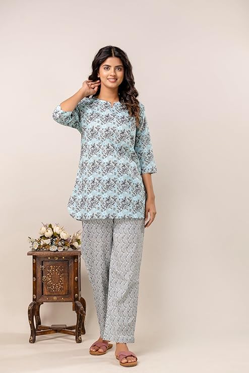 Image of Night Suit for Women Pure Cotton Printed Night Suit Top and Pyjama Set for Women's Night Dress of Shirt & Pyjama Set for Womens Night Dress for Woman