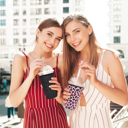 Image of Insulated Neoprene Cup Sleeve for Iced Coffee & Cold Soda - Reusable & Sweatproof, Keeps Drinks Cold Longer, Coffee Coolie for Hot & Iced Drinks (Pink Leopard Print, Large: 32oz)