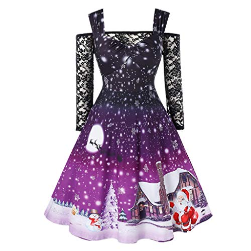 Preisvergleich Produktbild LOPILY Weihnachtskleid Damen Schulterfrei Spitzenkleider mit Schneeflocken Elegant Abendkleider mit Santa Claus Plus Size Weihnachten Kleider für MolligeWinter Beiläufig Blusenkleid (Lila, S)