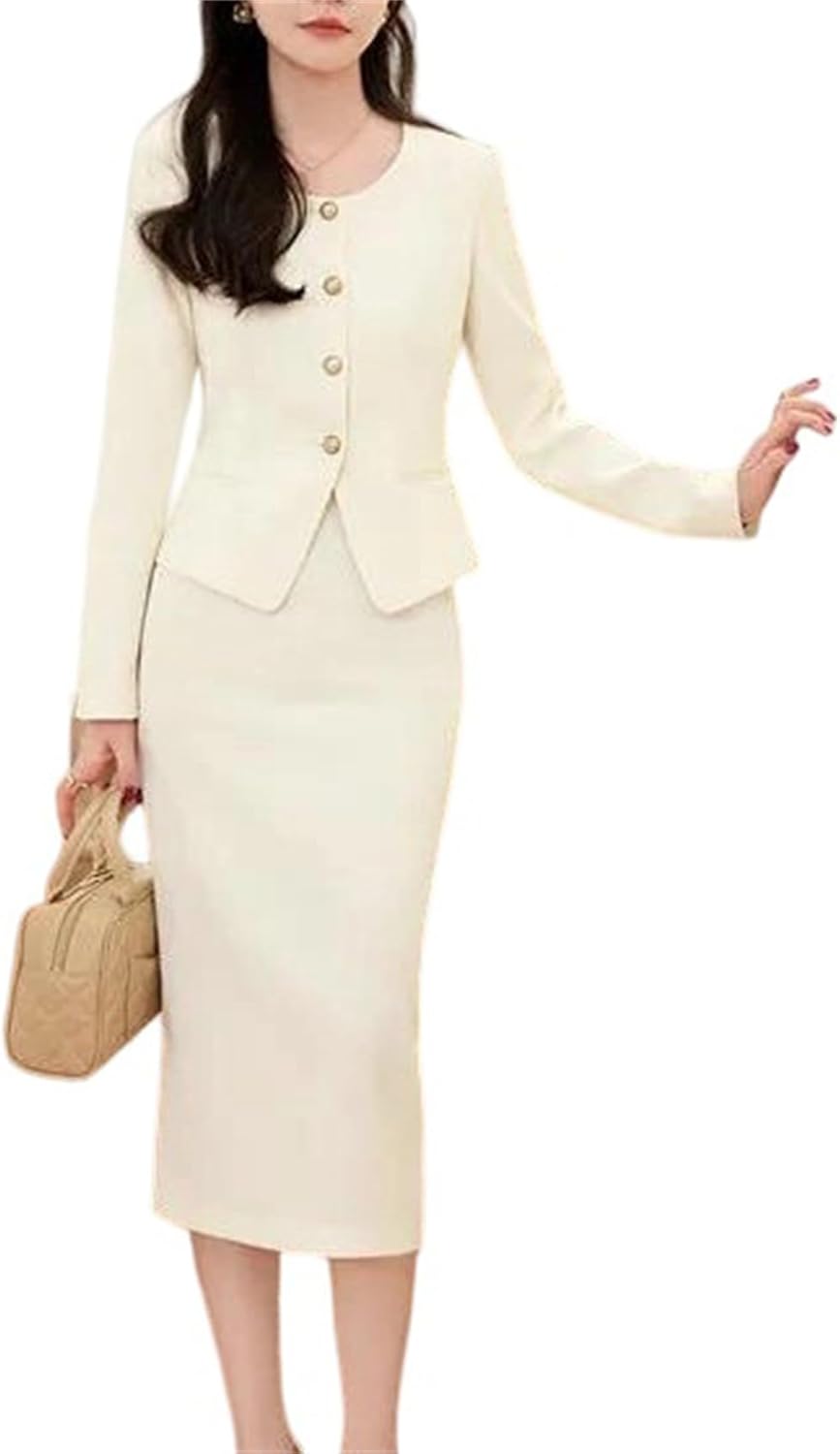 Women’S Vintage Tweed Two Piece Sets Outfits Fringed Jacket Coat and Long Skirt Suits Solid 2 Piece Pencil Skirt Sets