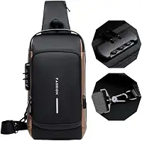 Bolsa Masculina Pochete de Couro Antifurto, Impermeável, com USB, Transversal, Couro, Anti-Roubo, Esportiva, Academia (Preto com Dourado)