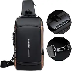 Bolsa Masculina Pochete de Couro Antifurto, Impermeável, com USB, Transversal, Couro, Anti-Roubo, Esportiva, Academia (Preto com Dourado)