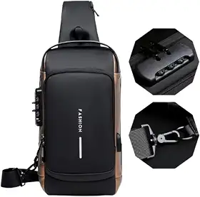 Bolsa Masculina Pochete de Couro Antifurto, Impermeável, com USB, Transversal, Couro, Anti-Roubo, Esportiva, Academia (Preto com Dourado)