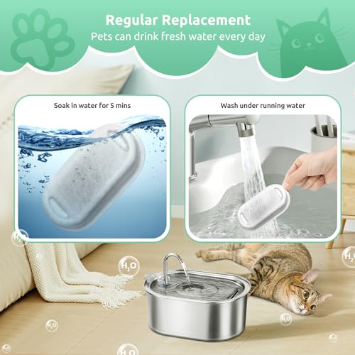 Filtro para Fuente de Gatos, 4 filtros de Repuesto para Fuente de Acero Inoxidable de 108 oz/3,2L, 4 filtros de carbón y 4 filtros de Espuma, Filtro Triple para Fuente de Agua de 67 oz/2 L para Gatos - imagen 5