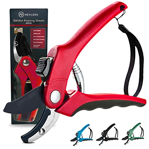 Nevlers 8" Anvil Pruning Shears for Gardening | Hand Pruners for Gardening w/Stainless Steel Blades, 8mm Cut Cap | Garden Clippers Handheld w/Safety Lock | Pruning Shears Heavy Duty Design — Red