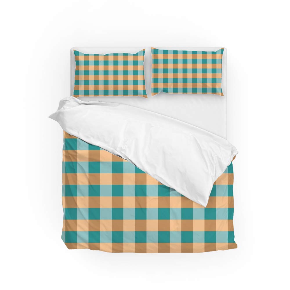 Housse de couette anti-rétrécissement et 2 taies d'oreiller ultra douces motif grille