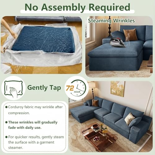 Image of 136 inch Cloud Couch Modular Sectional Sofa for Living Room, L-Shape Boneless Couch with Deep Seat, Modern Corduroy 4-Seater, No Assembly Required (Blue,Left-Facing Chaise)