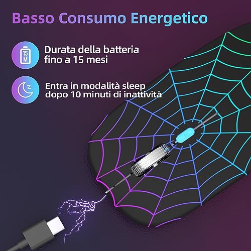 Mouse Wireless Ricaricabile con Convertitore USB e Tipo-C,RGB a 7 Colori,Portatile e Precisione Regolabile (800/1200/1600),Argenteo - Mouse gaming - Immagine 5