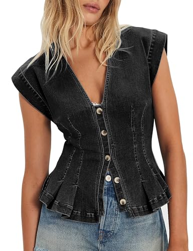 Nitzana Women's Denim Vest Trendy 2026 Cap Sleeve Deep V Neck Button Down Jean Vest Tops for Women Summer Crop Waistcoat Black XL