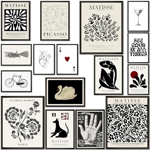LANCHI95 16 PCS Black and White Home Decor, Eclectic Wall Art, Minimalist Posters for Living Room Aesthetic, Matisse Abstract Gallery Wall Prints for Bedroom, Collage Kit Pictures (UNFRAMED, Black Eclectic 1)