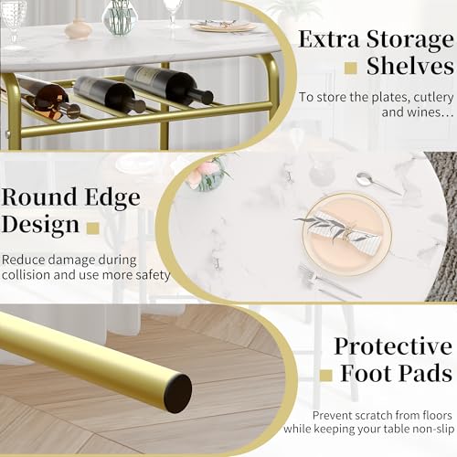 Image of VECELO 3-Piece Dining Table Set for Kitchen Breakfast Nook, Wood Grain Oval Tabletop and Metal Frame with Built-in Wine Rack, for Small Spaces, White & Gold
