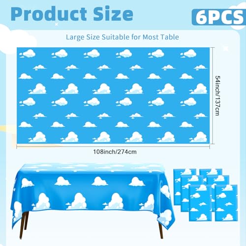 Image of 6 PCS Blue Sky and White Clouds Party Tablecloth, Cartoon Story Tablecloth, Disposable Plastic Rectangle Cartoon Table Cover for Boys Girls Baby Shower Picnic Birthday Party Decorations, 54x108 Inch