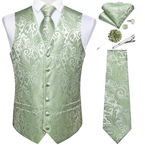 Image of DiBanGu Mens Vest and Tie Set Formal Paisley Waistcoat and Necktie Pocket Square Cufflinks Silk Suit Vest for Tuxedo Wedding