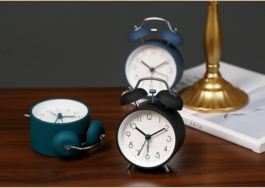 Image of DRONTER Vintage Twin Bell Analog Display Table Alarm Metal Clock with Night LED Light Heavy Slippers Extra Loud Alarm Clock Ideal for Student and Kids Bedroom (Black) (Blue Round), 12 *15 Cm