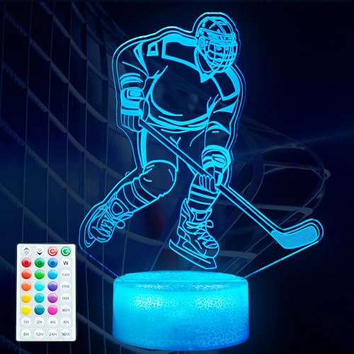 Hockey Night Light Ice Hockey Gifts Hockey 3D Lamp with Remote Control 16 Colors Changing RGB Flashing Mode Timer and Dimmable for Birthday Xmas Cool Figurines Gifts for Room Decor Boys Girls