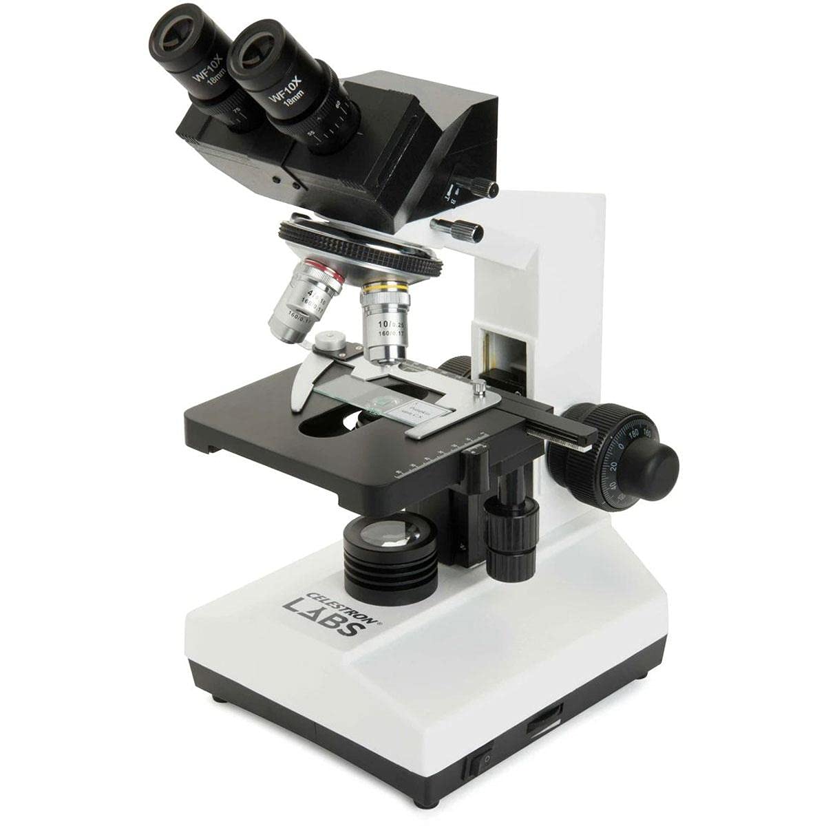Celestron CB2000C Compound Binocular Microscope w/40x - 2000x Power, Mechanical Stage, 4 Fully Achromatic Targets, Abbe Capacitor, 10x and 20x Eyepiece, Coaxial Focus, 10 Slides, Tri-Color Filter