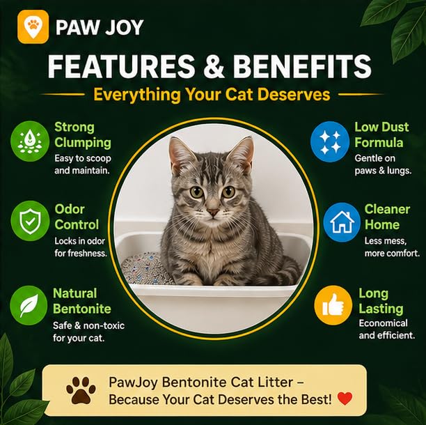 Image of Pawjoy Lavender Scented Bentonite Cat Litter 5Kg Pack | 100% Natural Clumping Clay | 99.9% Dust-Free | Odour Lock Technology | Gentle on Paws | Scoopable Litter Sand for All Cat Breeds