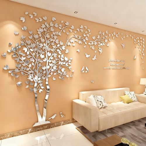 Wandtattoo Baum 3D DIY Wall Stickers Wandaufkleber Wandtattoo Wohnzimmer Schlafzimmer Family Wandsticker für Treppen Halle (Silber Links,XL-400 * 200cm)