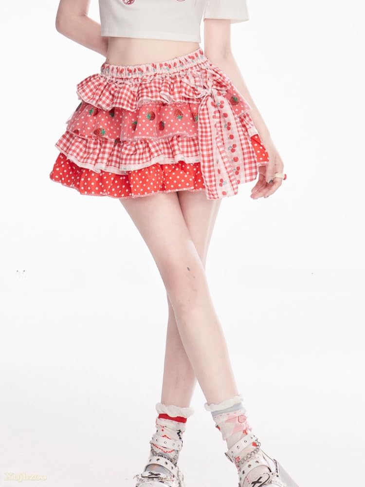 Women's Lolita Mini Skirt Sweet Y2K Floral Print with Ruffles & Bow Chiffon Pink Cake Skirt