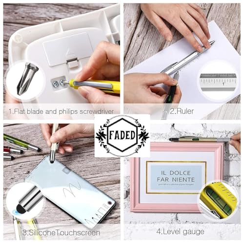 Image of Faded 6-in-1 MultiTool Pen Set | All-in-One Ballpoint Pens with Stylus, Ruler, Level, Flat & Phillips Screwdrivers | Compact & Versatile Tool Pens (Pack of 2)