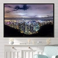 Framed Canvas Wall Art City Illuminations Aerial Cityscape Contemporary Multicolor Photography Places Realism Ultra Urban - 16x24 inches