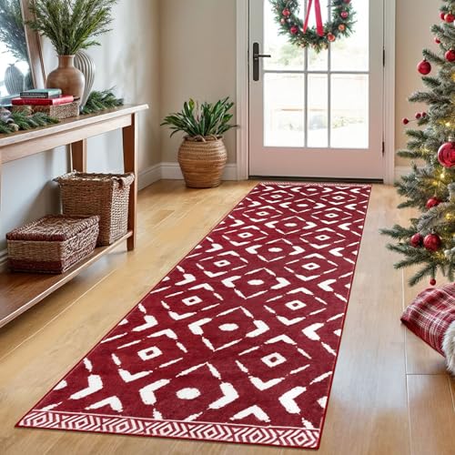 KILOCOCO Hallway Runner Rug 2.6'x8' Christmas Runners for Hallways Red Washable Runner Printed Soft Non Slip Laundry Room Rugs Low-Pile Runners for Bedroom Kitchen Living Room Boho Rug