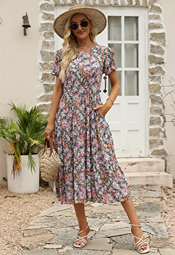 Image of NAVINS Womens Floral Print Modest Wedding Guest Midi Dress with Pockets | Puff sleeve tiered boho dress for summer, church, and vacations. Elastic waist, Below knee, hand or machine wash.