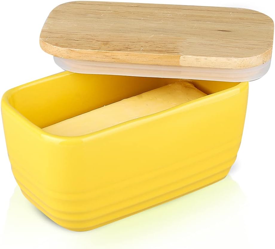 Joyroom Ceramic Butter Dish with Wooden Lid, Porcelain Butter keeper, Perfect for
