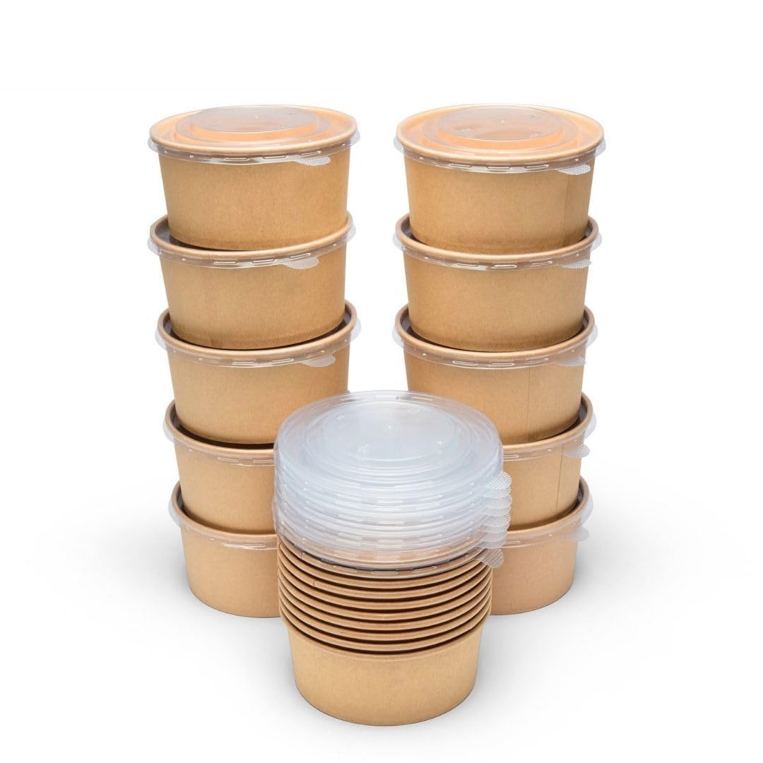 London Coffee Cups 1000ml / 35oz Kraft Round Takeaway Containers with Lids, Disposable Paper Bowls for Salad, Poke, Noodles, Rice, Curry, Hot Food, Meal Prep and Catering, Pack of 50