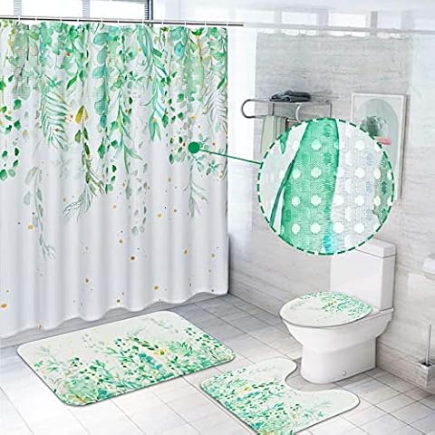 Likiyol 4 Pcs Blue and Green Shower Curtain Sets with Non-Slip Rugs, Toilet Lid Cover and Bath Mat, Textured Waffle Heavy Duty Fabric Shower Curtain with Hooks, Watercolor Plant Leaf Shower Curtain Cover
