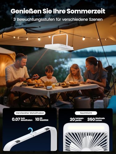 Warmco 20000mAh Akku Camping Ventilator 27cm mit Lampe, 15-48 Std. Laufzeit, Ultra-Leise, Ultraflach, Display, Haken, USB Tischventilator für Zelt, Outdoor, Reisen, Büro, Wohnmobil, Schlafzimmer 3