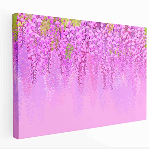 Rosa und Lila Blumen Kunst Leinwand Wandbild Grüne Blätter Floral Esszimmer Bilder für Wohnzimmer Wanddekorationen Gerahmte Drucke Moderne Kunstwerke Holzbrett Hintergrund Dekor, Größe 40,6 x 61 cm Cover