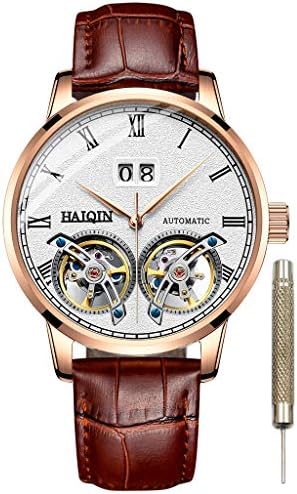 Mens Mechanical Watches Leather Band Automatic Double Tourbillon Watch for Men Waterproof Business Classic Wristwatches Self Wind Clock White Dial (Gold White 8821)…