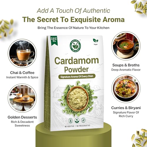 AYUSHKA ORGANIC Green Cardamom Powder (Elaichi Powder) -3.5 oz /100g | Premium Kerala Sourced Cardamom Spice | Rich Aroma & Fresh Flavor | Non-GMO | Ideal for Chai, Coffee, Baking, Desserts & Cooking — view 5