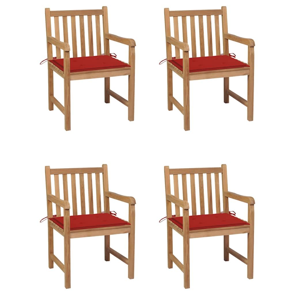 Zestaw 4 krzeseł ogrodowych z drewna tekowego z czerwonymi poduszkami, rustykalny design, wytrzymałe siedziska do 110 kg.